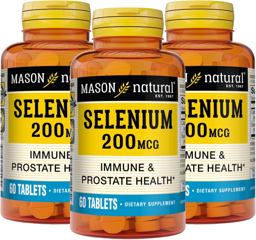 MASON NATURAL Selen 200 mcg - Antioxidant Supplement for immunforsvar & prostata sundhed, Essential Trace Mineral, 60 tabletter (pakning med 3)