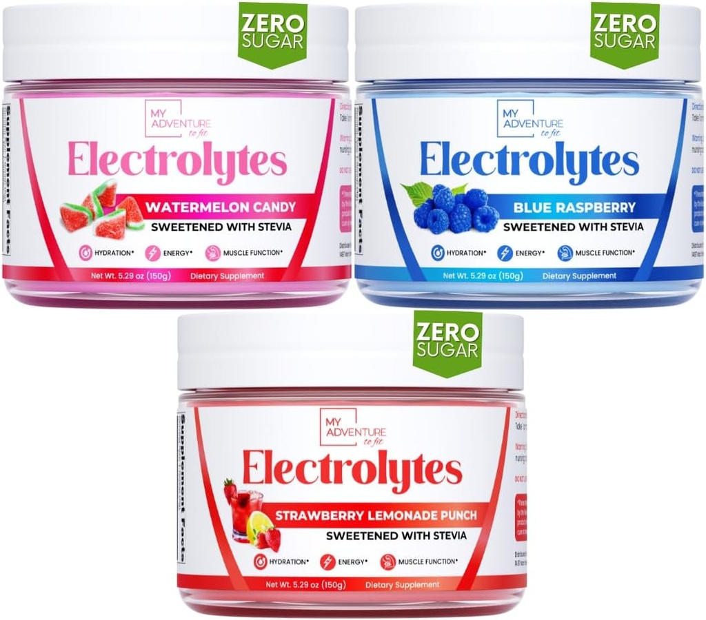 Min Adventure til Fit Forfriskende Hydration Elektrolyter pulver med nul sukker, Bundle, Blå Hindbær & Vandmelon Candy & Strawberry Lemonade flavors