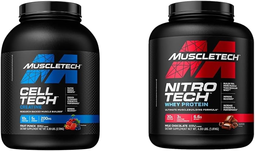 MuscleTech Creatine Monohydrate Powder Cell-Tech Creatine Powder & n Powder Nitro-Tech Whey Protein Isolate & Peptides | Milk Chocolate, 4 Pound (Pack of 1), 40 Servings