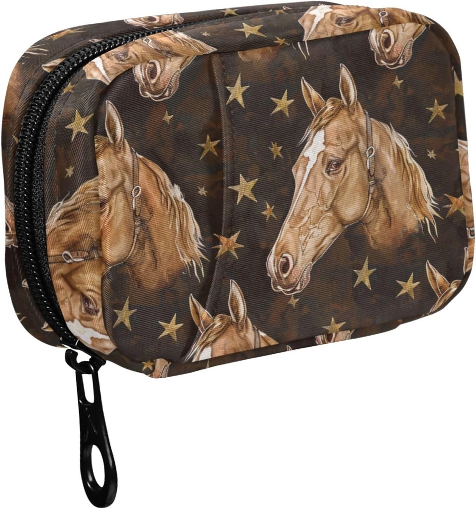 Fustylead Hand Draw Brown Horse Heads and Stars Pill Organizer til purse, Ugentlig Portable Pill Box med lynlås til opbevaring Vitaminer Fisk Olier Medicin Kosttilskud