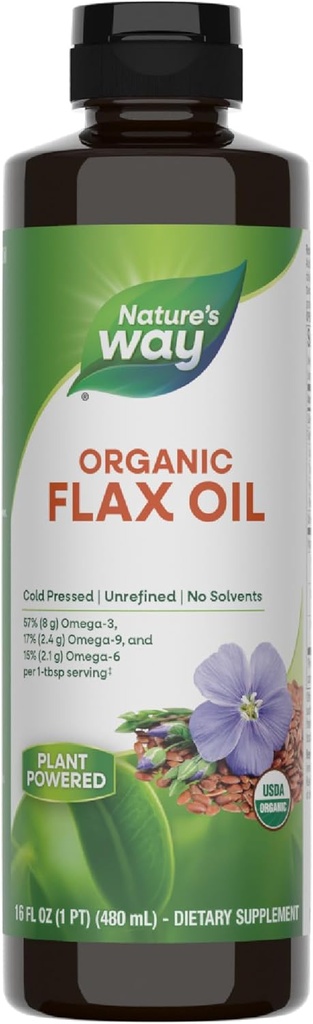 Nature's Way Organic Flax Oil, USDA Certified Organic, Omega-3, 6, 9, Cold Pressed, 16 Fl Oz (Packaging May Vary)