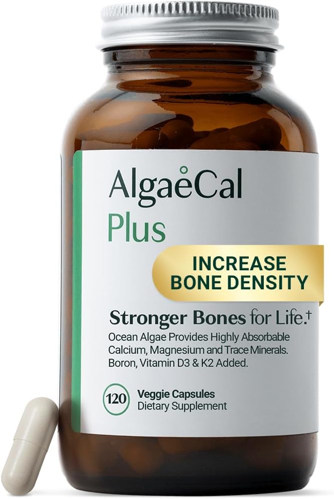 ALGAECAL Organic Red Algae Calcium supplement til knogletæthed, vitamin K2 MK7 (100mg), vitamin D3 (1600 IE), Magnesium (350 mg) & Trace Minerals & Strength, Let at synke, 120 Veggie Caps
