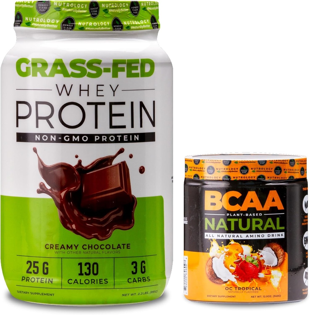 Nutrologi Grass Fed Whey Protein Powder, Creamy Chocolate Flavor (28 Servere) BCAA Natural, Plant Based BCAA Powder, Orange Coconut Flavor (30 Servere)