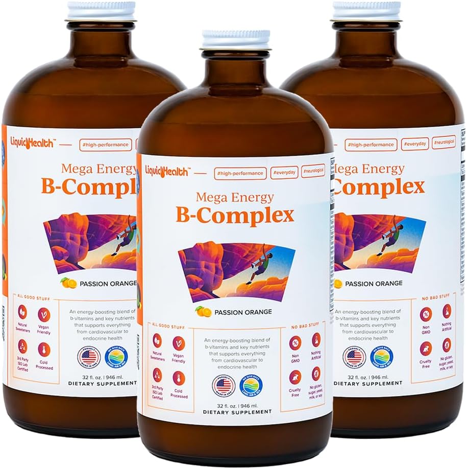 LIQUIDHEALTH Mega Energy Methylated B-Complex, Adult Liquid Vitamin Supplement - Increase Energy, Relieve Stress & Fatigue, Immune Support, Heart & Gut Health - Made in USA, Vegan, Sugar-Free (3 Pack)