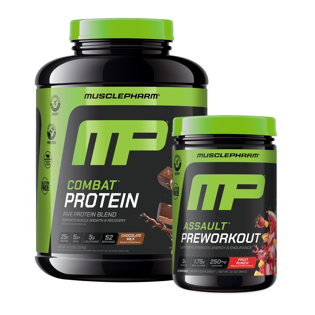 Muskel Pharm Combat 4lb Chokolade Protein og MusclePharm Assualt Fruit Punch Fortræning
