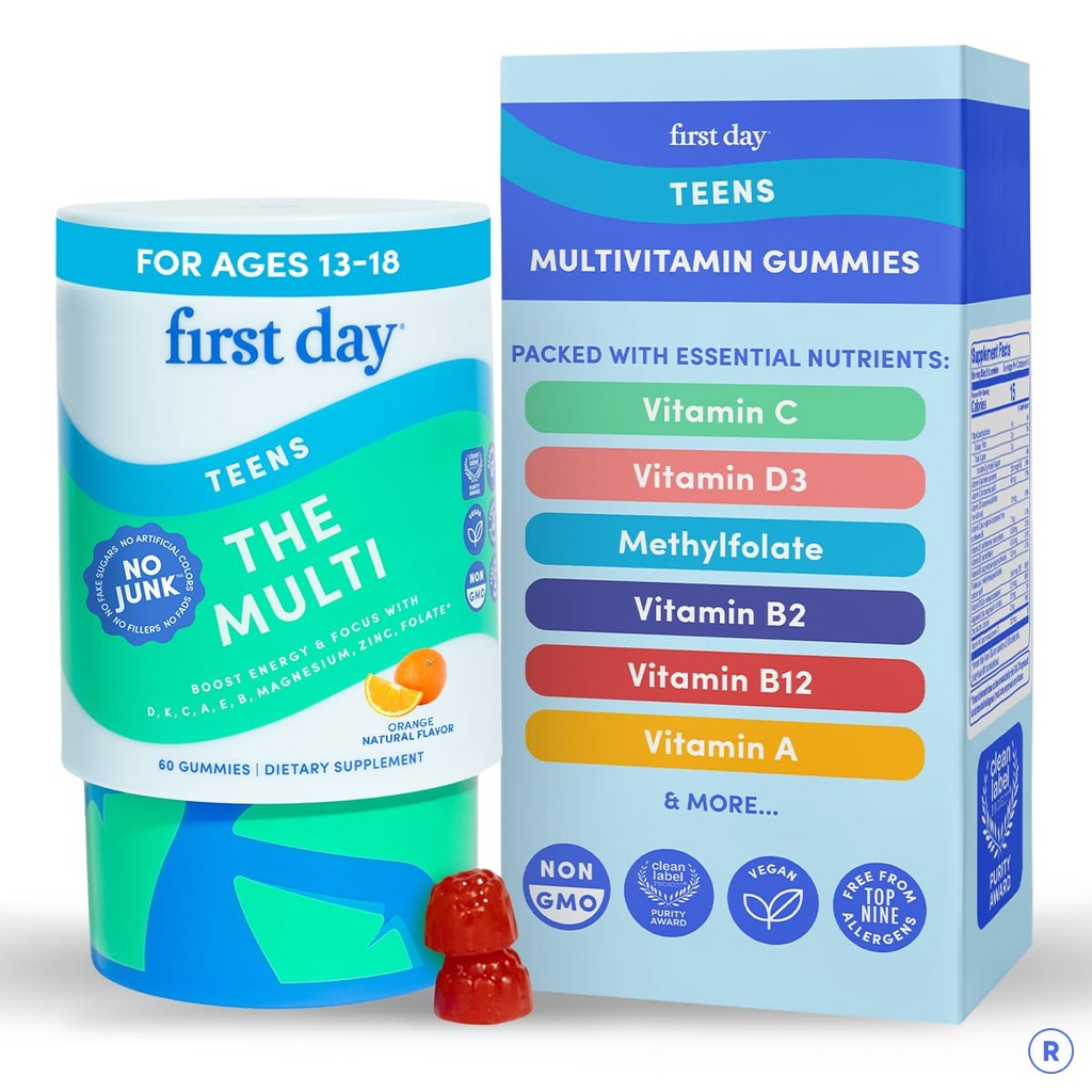 Første dag Vitamin til Teens - Teen Multi Vitamin til piger og drenge 12- 17, Økologisk Frugt & Veggie Blend - 12 Key Nutrients: Vitamin A, B1, B2, B6, B9, B12, C, D3, E, K2-30 Day Supply