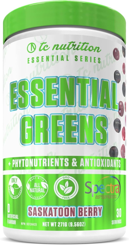 Essential Green Powder Budd124; Optimer sundhed + energi Budding124; Spectra, Organic Matcha, Spirulina, Mere Budding124; Probiotika & fordøjelsesstøtte, Antioxidanter Budding124; Stevia Sødet, Saskatoon Berry, 30 Serv, Non- GMO, Vegan