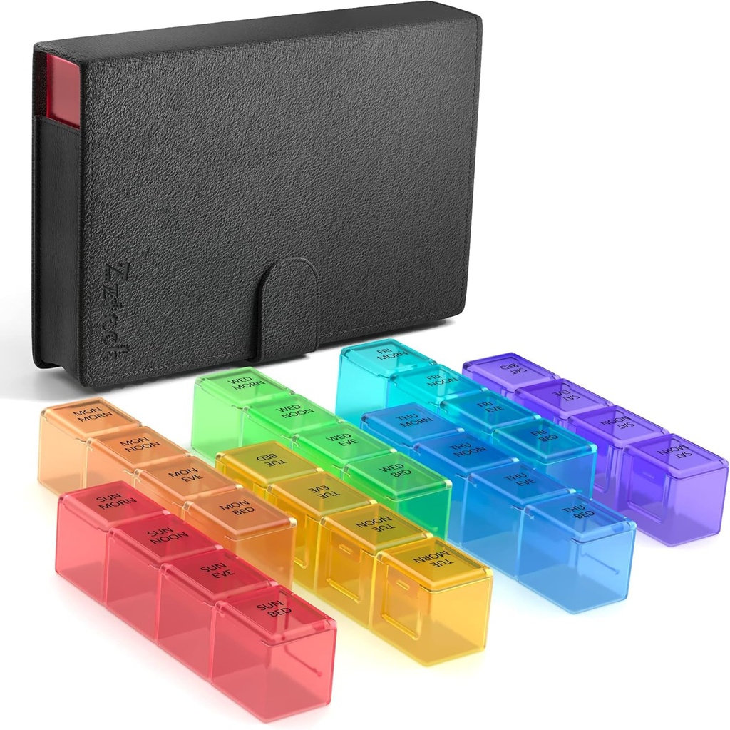 Dybere og større afdelinger Daily Pill Organizer AM PM Medicin Pill Box, 7-Day Weekly Holder -Zzteck PU læder rejse sag Dag nat Stor Medicin Reminder Dispenser Vitamin Holder Container
