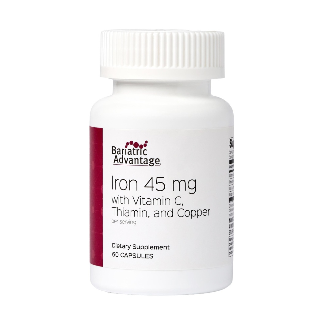 Bariatric Advantage Iron 45 mg med vitamin C, thiamin og kobber til øget absorption og udnyttelse, Nemt fordøjeligt for Gastric bypass og Sleeve Gastrectomy Kirurgi Patienter - 60 Tæl
