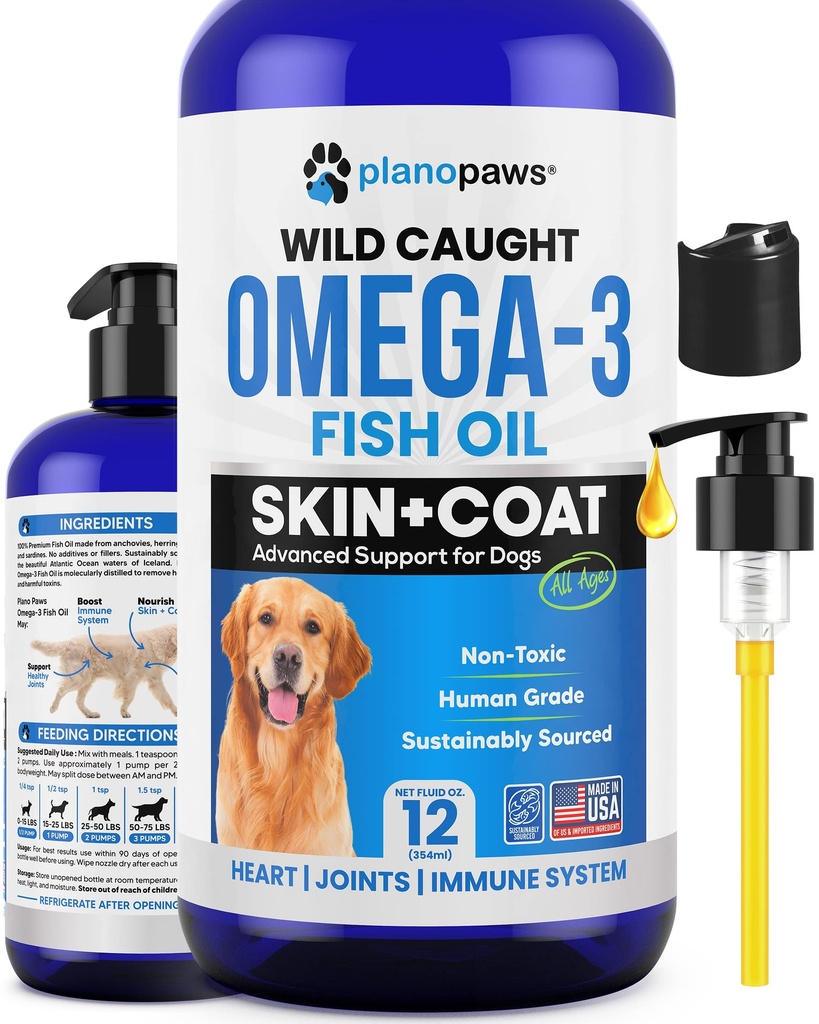 Omega 3 Fiskeolie til hunde - bedre end lakseolie - Hundefiskeolie supplement til at reducere afføring & klø - Understøtter joints, hjerne og hjerte sundhed - Hud og coat supplement - Flydende fiskeolie