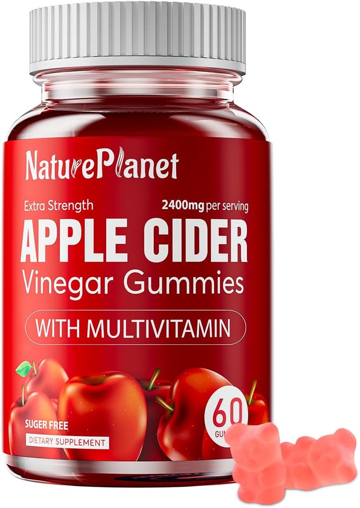NaturePlanet Apple Cider Vinegummi Gummies, 2400 MG ACV Gummies med Multivitamin, Vegan, Non- GMO, Gluten Free, 60 Gummies