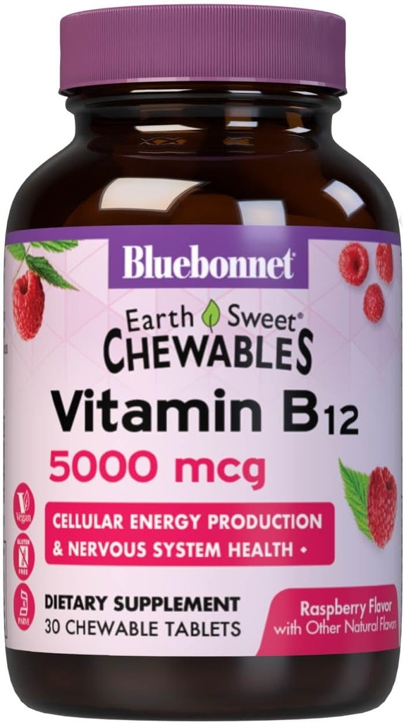 Bluebonnet Nutrition Earth Sweet Vitamin B12 5000 mcg Chewable Tablets, Soy- Free, Gluten- Free, Kosher Certified, Dairy- Free, Vegan, Raspberry Flavored, 30 Chewable Tablets, 30 Servere