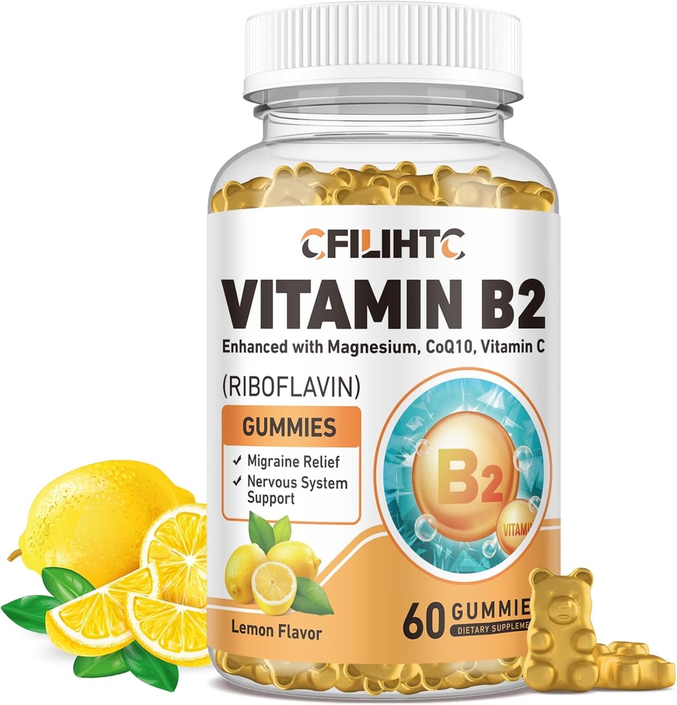 Vitamin B2 Gummies Riboflavin 400mg supplement til børn og voksne - Magnesium Glycinat, Zink, CoQ10, Vitamin B12 - Migræne Relief & Energy, Nervesystemet support, Sukker fri Lemon Flavor, 60ct