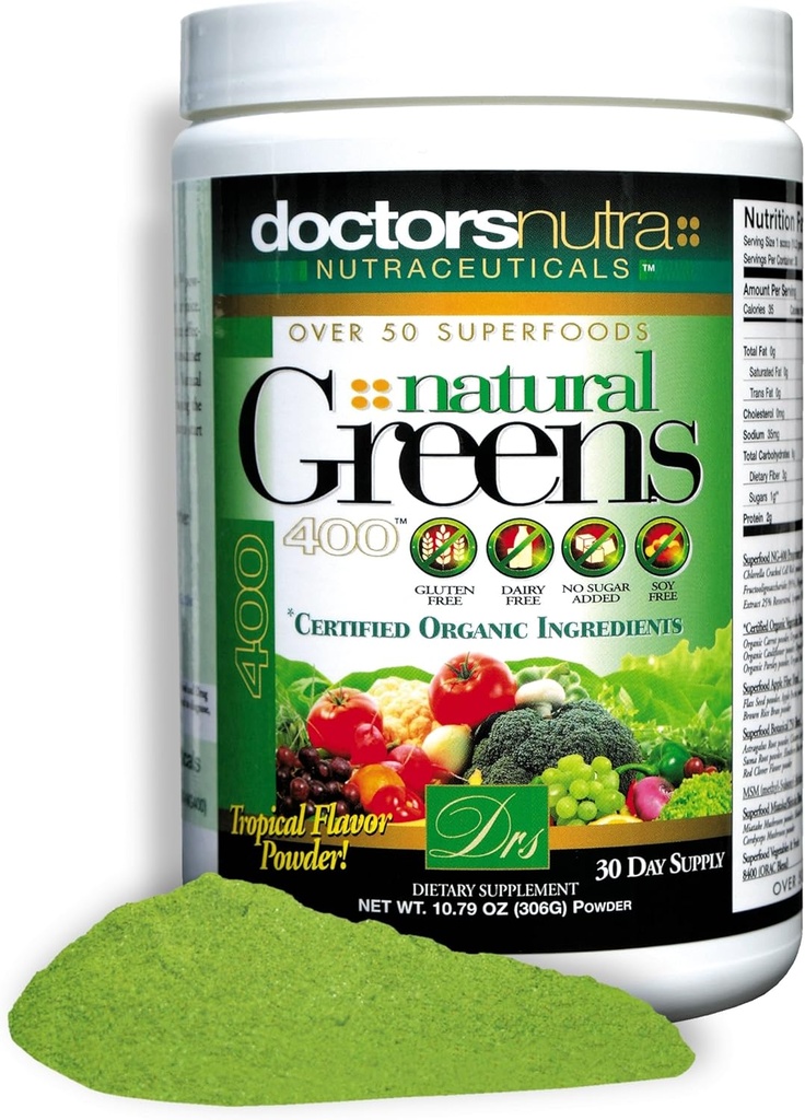Natural Greens Powder Super Food Mix, 10.79 Ounces (306 Grams) with Certified Organic Ingredients - 50 Vegetarian Plant-Based Superfoods - No Gluten, Tropical Flavor