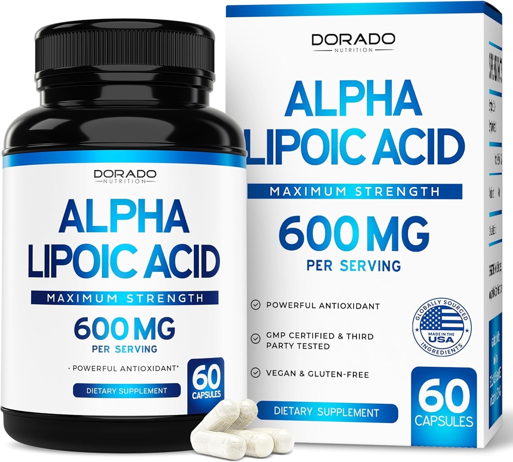 Alpha Lipoic Acid 600 mg per servering 60 kapsler - Potent antioxidant til neuropati og kardiovaskulær sundhed (ALA supplement) - tredjepart testet, non-GMO, gluten fri, Vegan & USA Made