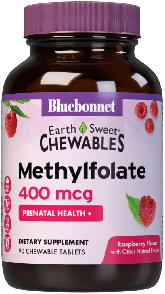 Bluebonnet EarthSweet methylfolfolate 400 mcg Cellulær Active Coenzym 5- MTHF L Methyl Folate Supplement - Prenatal & Energy Support * - Non- GMO, Vegan, Gluten- Free - Hindbær - 90 tyggetabletter