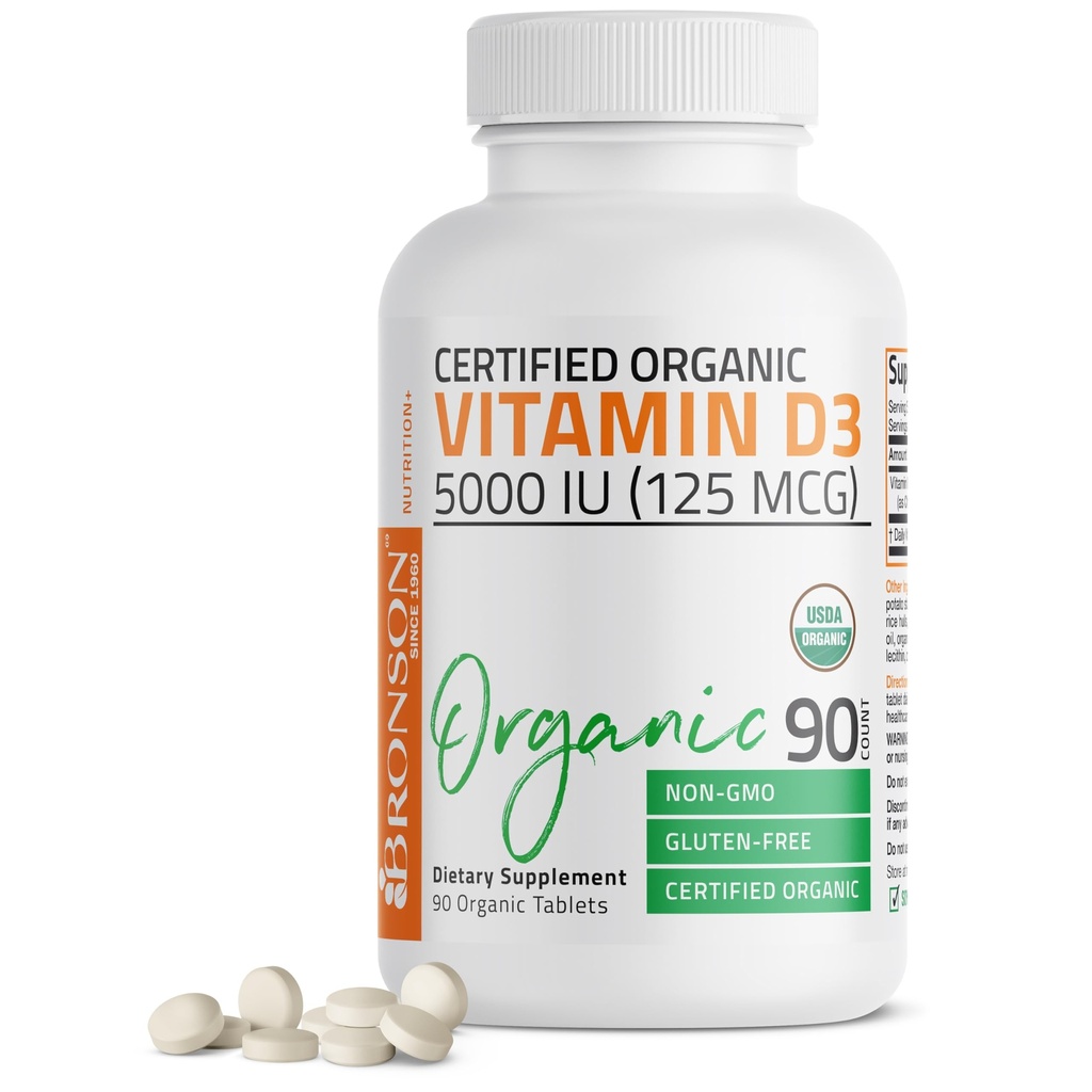 Bronson D3 5000 IE Certificeret organisk vitamin D tillæg, non- GMO, USDA Certificeret, 90 tabletter