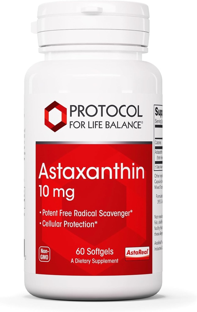 Protocol Astaxanthin 10mg Softgels - Understøtter cellulær sundhed * - Carotenoid Astaxanthin Kosttilskud - Non-GMO & Dairy Free - 60 Softgels