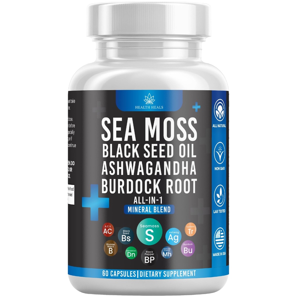 Silicium Sea Moss Black Seed Oil Ashwagandha Bladerwrack Burdock - 60 Greve