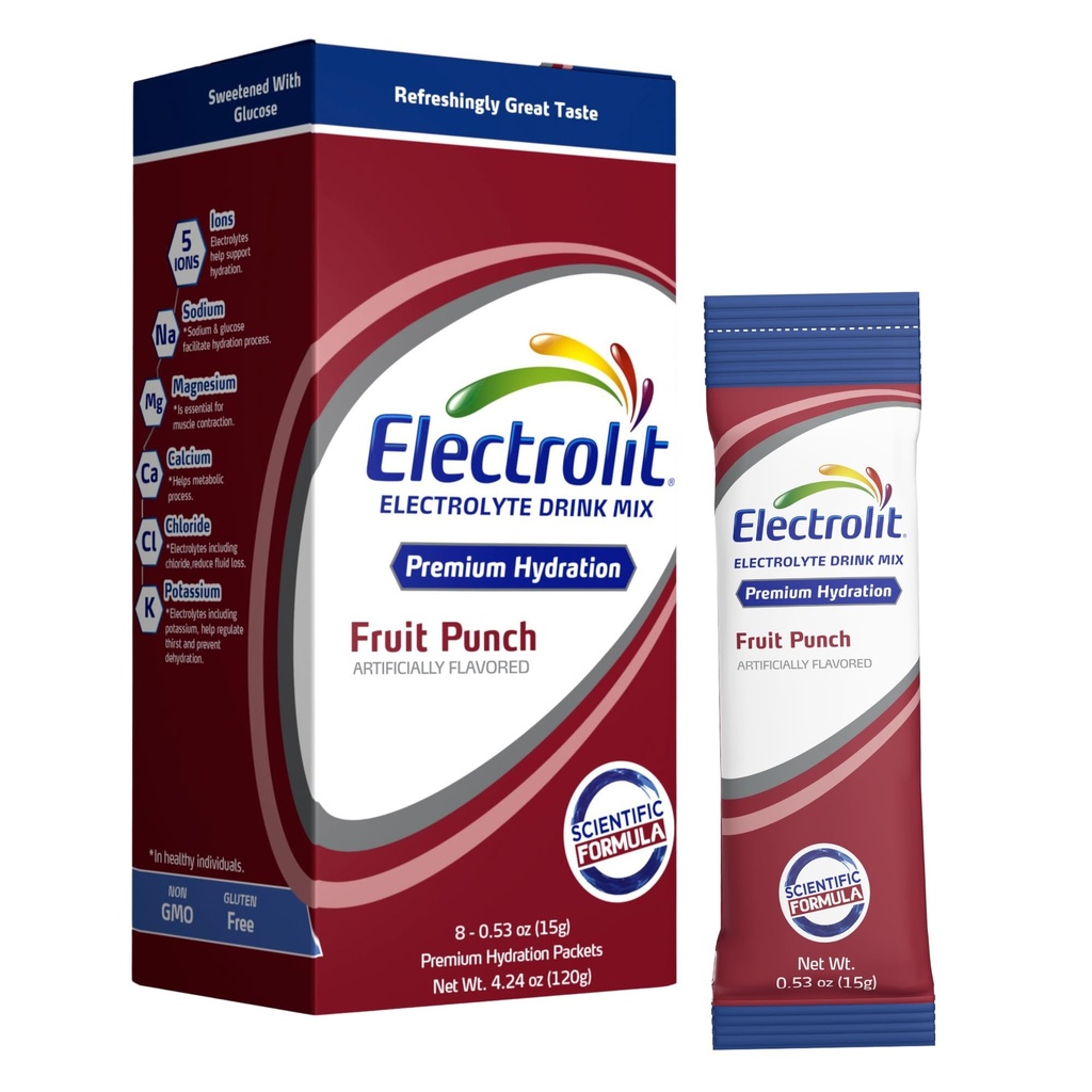 Elektrolytter Powder Pakker, Frugt Punch 8 Pack, Pulveriserede Hydration Pakker til Dehydrering & Rehydrering, Post Workout Opløseligt Hydrating Drink Mix, Gluten Free Daily Water Enhancer Sticks