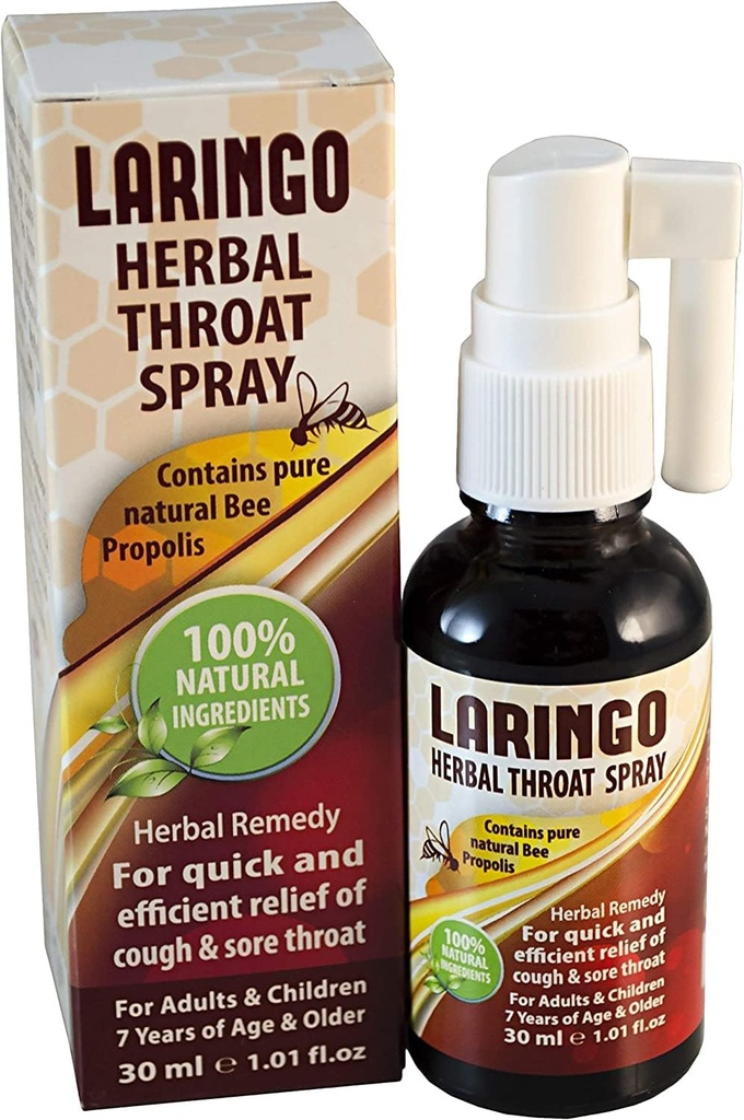 Laringo Throat Spray - Indeholder Pure 99% Raw Bee Propolis Extract - 100% Natural Throat Remedy for voksne og børn - Gluten Free, Quick Relief. Kosher - 1 FL Oz