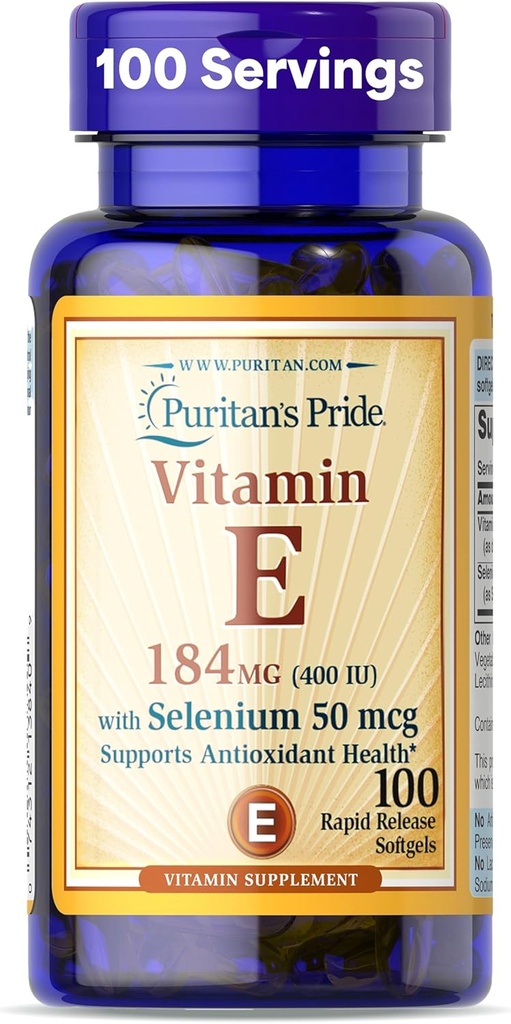 Puritans Pride Vitamin E 184mg (400 IE) med Selenium 50mcg, Vitamin supplement til immunsystemet og antioxidant sundhedsstøtte, 3 måneders forsyning, 100 Rapid Release Softels