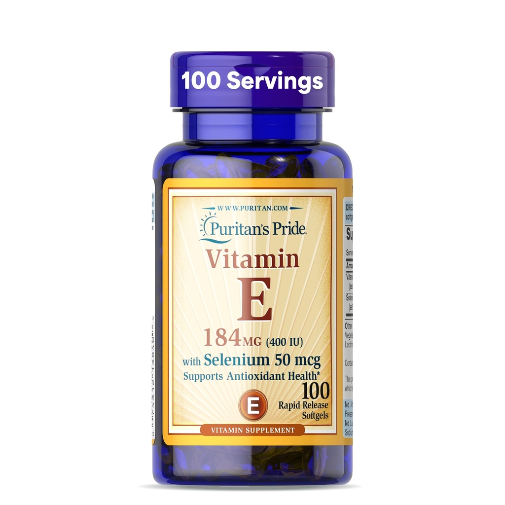 Puritans Pride Vitamin E 184mg (400 IE) med Selenium 50mcg, Vitamin supplement til immunsystemet og antioxidant sundhedsstøtte, 3 måneders forsyning, 100 Rapid Release Softels