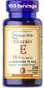 Puritans Pride Vitamin E 184mg (400 IE) med Selenium 50mcg, Vitamin supplement til immunsystemet og antioxidant sundhedsstøtte, 3 måneders forsyning, 100 Rapid Release Softels