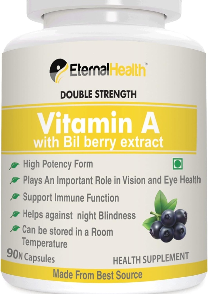 Eterna.l- Health Vitamin A (Dobbelt Styrke) med Blåbær Ekstrakter og Retinyl Palmitat Ekstrakter - High Potency Form - Understøtter sund Vision & Immunsystem og sund vækst - 90 Veg kapsler