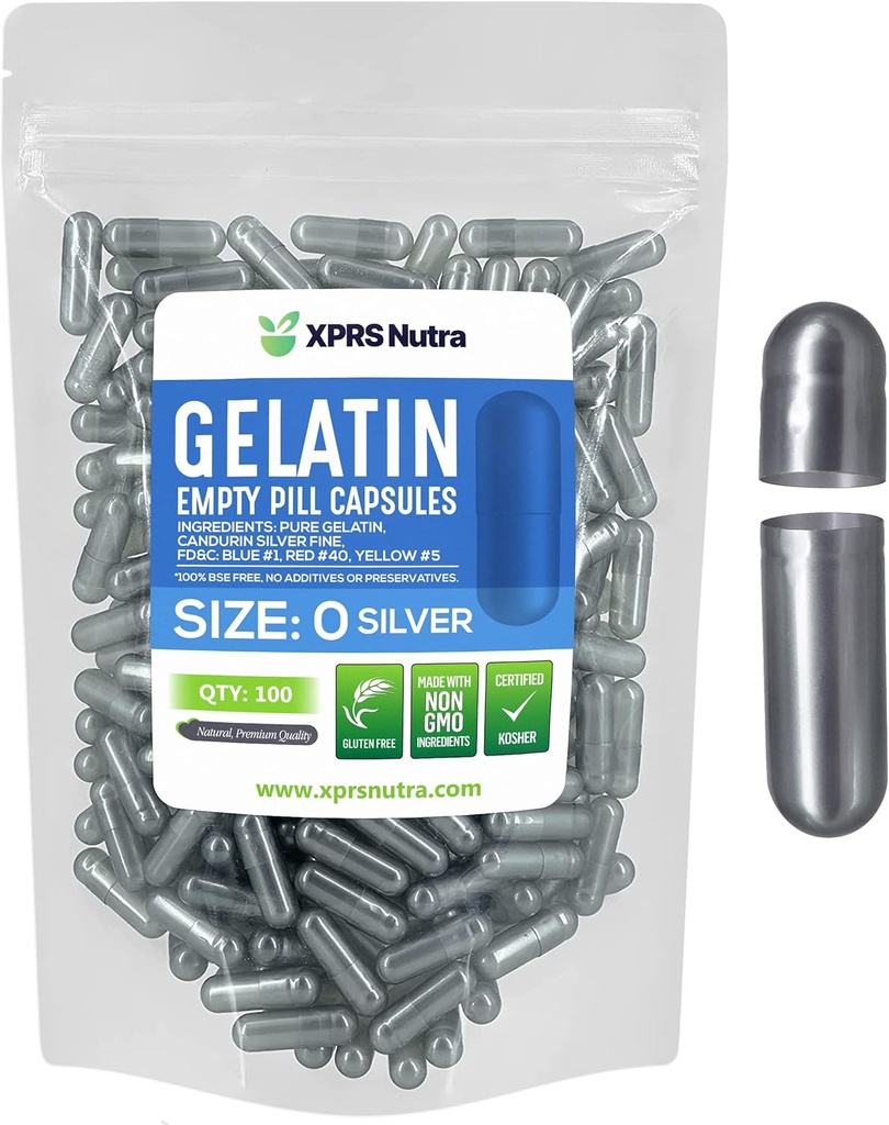 XPRS Nutra Størrelse 0 Tomme kapsler - 100 Grev Tomme Gelatine kapsler - Piller gør det selv Capsule Filling - Pure Bovin Pille Gel Caps til Do- It- Yourself Kosttilskud (Sølv)