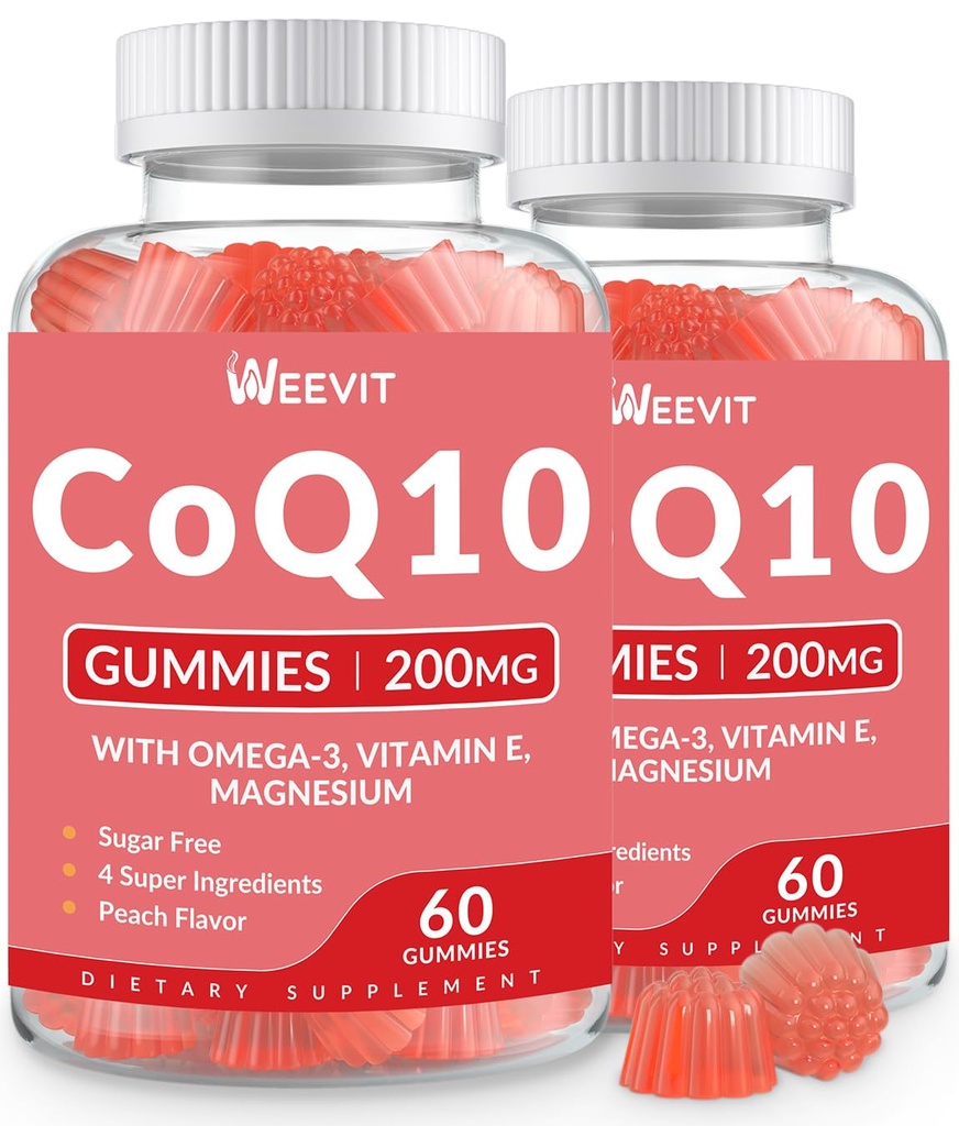 Sukkerfri CoQ10 Gummies 200 MG, Coenzym Q10 (Ubiquinon) Gummies for voksne, Co Q10 Supplement med Omega-3, Magnesium, Energy, Brain Support
