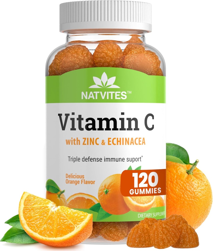Vitamin C og Zink Gummier til voksne med Echinacea og Rose Hips - Orange Flavored Gummy Vitaminer til kvinder & mænd - immunsupport supplement - non-GMO, Vegan, Gluten, Nut og Dairy Free (120 Tæl)