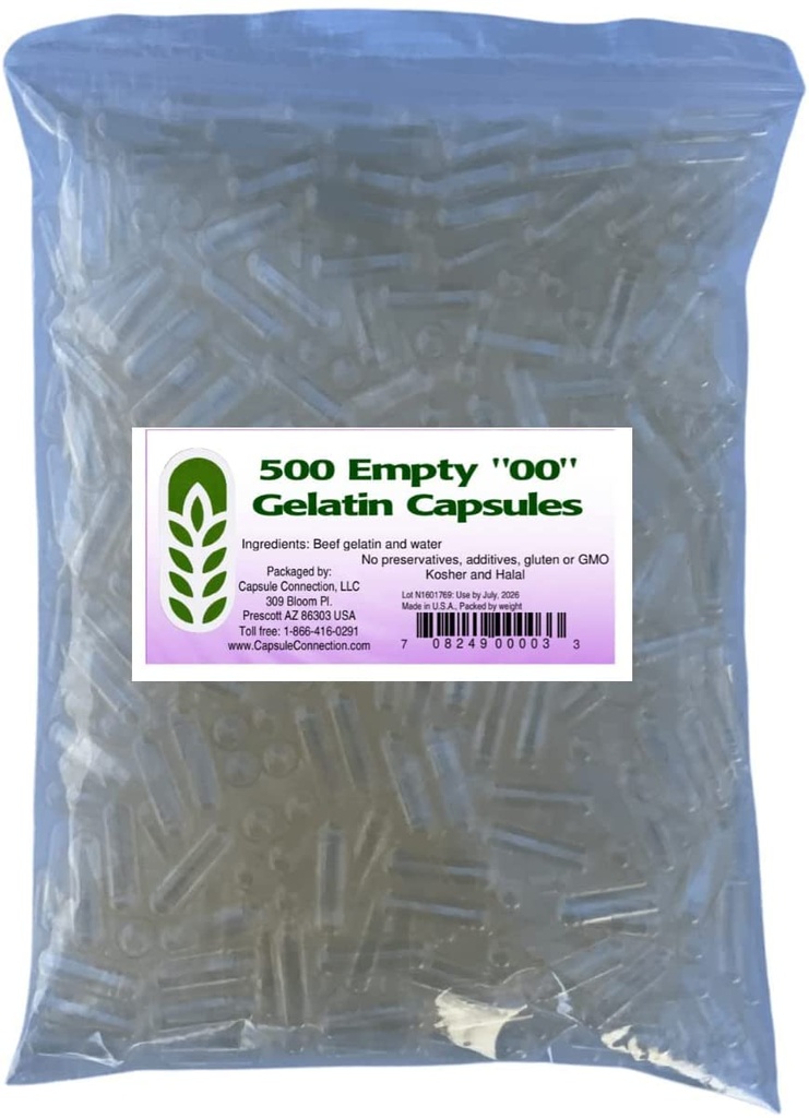 Kapselforbindelse USA- Made 500 Bulk Tom Gelatine Kapsler, 00 Størrelse resealable Bag