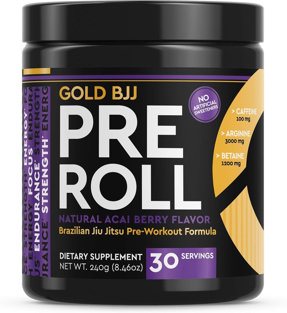 Guld BJJ PreRoll - Jiu Jitsu Pre Workout Supplement for energi, fokus og udholdenhed - Martial Arts Specifikt Pre-Workout Powder Formel med naturlige Artists (Acai Berry, 30 Servere)