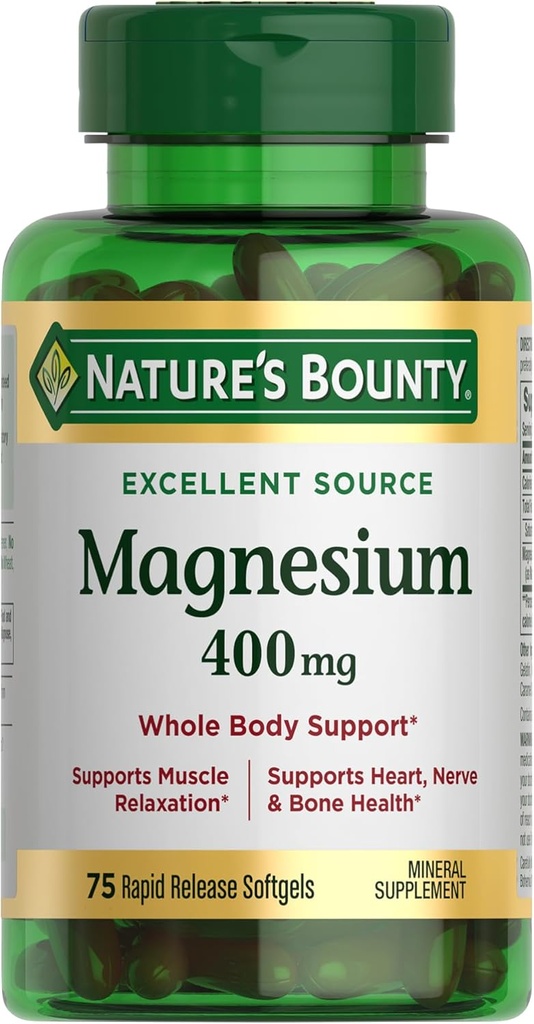 Nature 's Bounty Magnesium 400 mg Softgel, Whole Body Support, Magnesium Kosttilskud til mænd og kvinder, Heart, Nerve & Bone Health, 75 Softgel (pakke med 1)