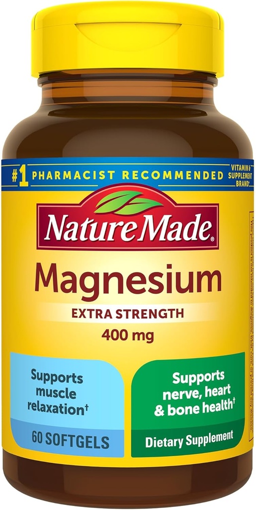 Nature Made Magnesium Oxide 400 mg Softgel, Extra Strength Magnesium Kosttilskud til mænd og kvinder, Support for Muskel, Nerve, Knogler og Hjerte, 60 Day Supply