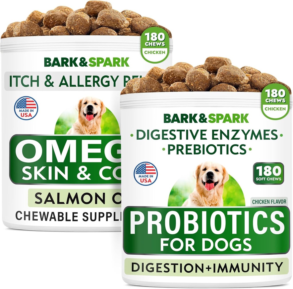 Hundeprobiotika Chews + Omega 3 for hunde Bundle - Gas, Diarré, Forstoppelse, Upset Mave Relief + Allergi og Itch Relief - fordøjelsesenzymer + Prebiotika + Omega 3 - Hud og Coat Support