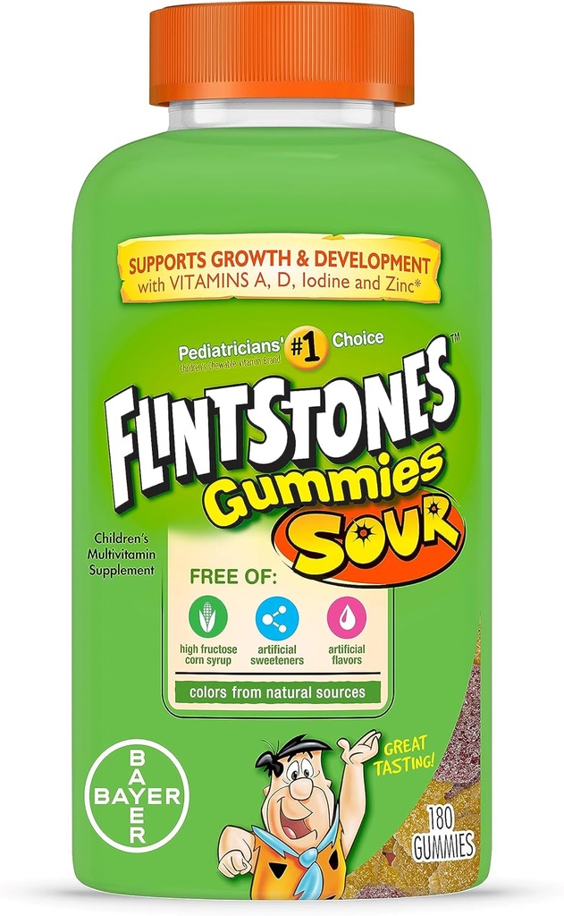 Flintstones sour vingummi vitaminer til børn, Kids Multivitamin gummier med vitaminer C, B6, B12, A & vitamin D, Support Kids vækst og udvikling, 180 Tæl