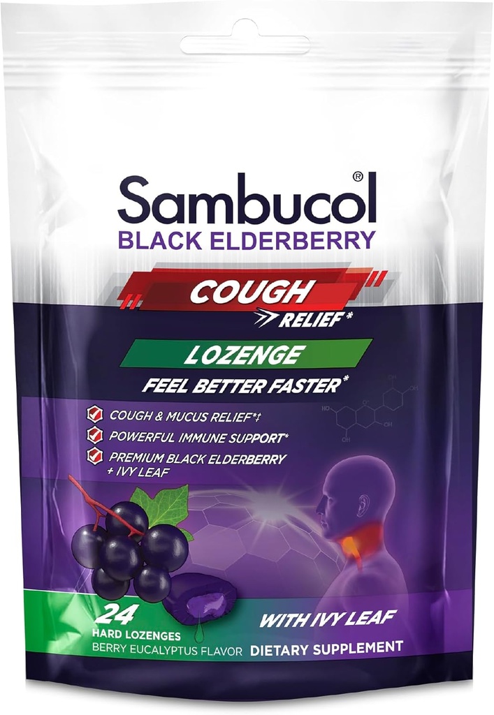 Sambucol Black Elderberry Cough Relief Lozenges - Host Drops til voksne, Sambucus Elderberry Lozenges, med Ivy Leaf, Cough & Mucus Relief, Immunstøtte, Berry Eucalyptus - 24 Greve, 1 pakke