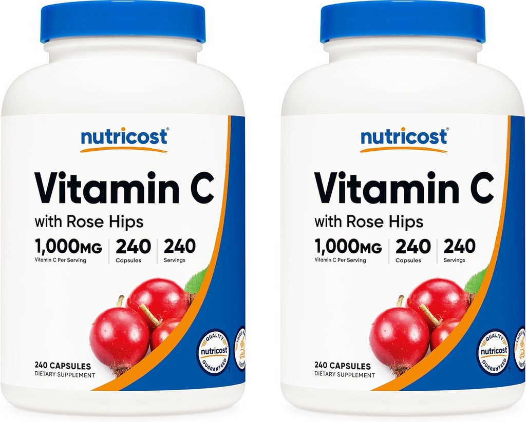 Nutricost C-vitamin med Rose HIPS 1025mg, 240 kapsler (2 flasker) - Premium Non- GMO, Gluten Free Vitamin C supplement
