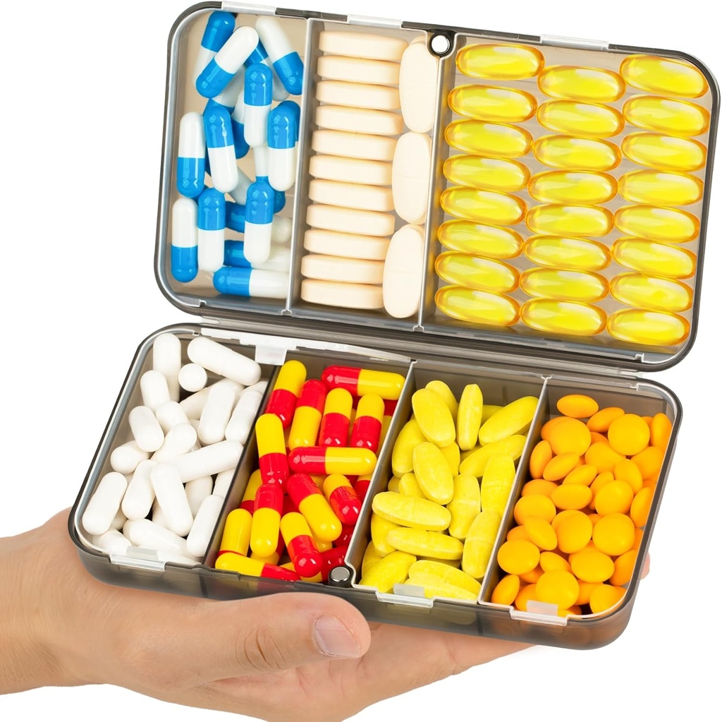 Yaklim Magnetic Travel Pill Organizer, 7 Compartments Portable Pill Box, Stor Vitamin Organizer med etiketter, Daily Pill Case Medicine Organizer, Big Supplement Organizer Magnet Pill Container Grey