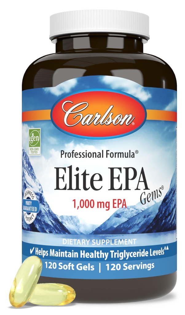 Carlson - Elite EPA perler, 1000 mg EPA Fish Oil, Wild- Fanget, Norwegian Fish Oil, Sustainable Sourced, Hjælper vedligeholde sunde triglyceride niveauer, 120 Softgel
