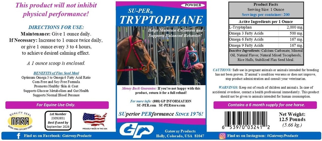 SU- PER Tryptohane Horse Calming Supplement - opretholde ro og støtte Balanceret Opførsel - 12,5 Pund, 6 Måned Supply