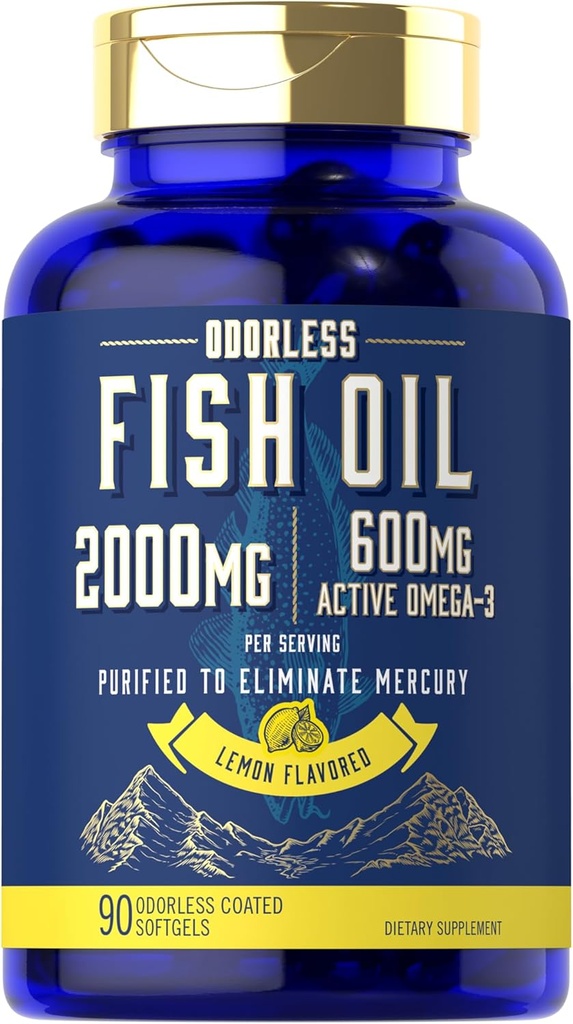 Carlyle Fish Oil 2000mg • 124; 600 mg • Omega 3 Supplement til mænd & kvinder • 124; 90 • Odorless Softgels • 124; • Citron Flavored • 124; • Non- GMO og Gluten Free