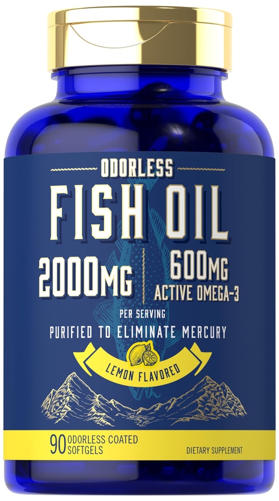 Carlyle Fish Oil 2000mg • 124; 600 mg • Omega 3 Supplement til mænd & kvinder • 124; 90 • Odorless Softgels • 124; • Citron Flavored • 124; • Non- GMO og Gluten Free