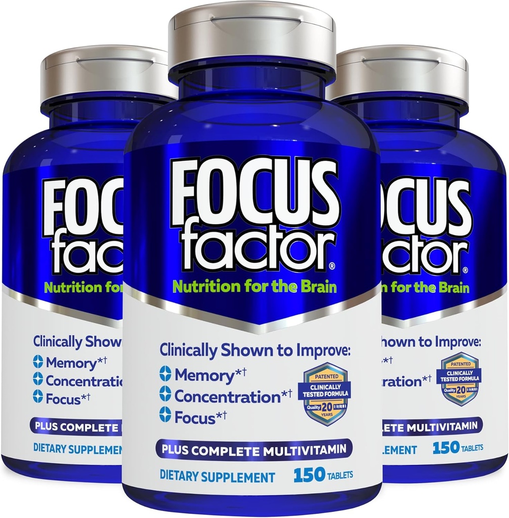 Focus Factor Nutrition for The Brain, Forbedret hukommelse & Koncentration Brain Supplement, Komplet Multivitamin med vitaminer B6, B12, D, Bacopa Monnieri & Tyrosine, 150 Greve (pakke med 3)