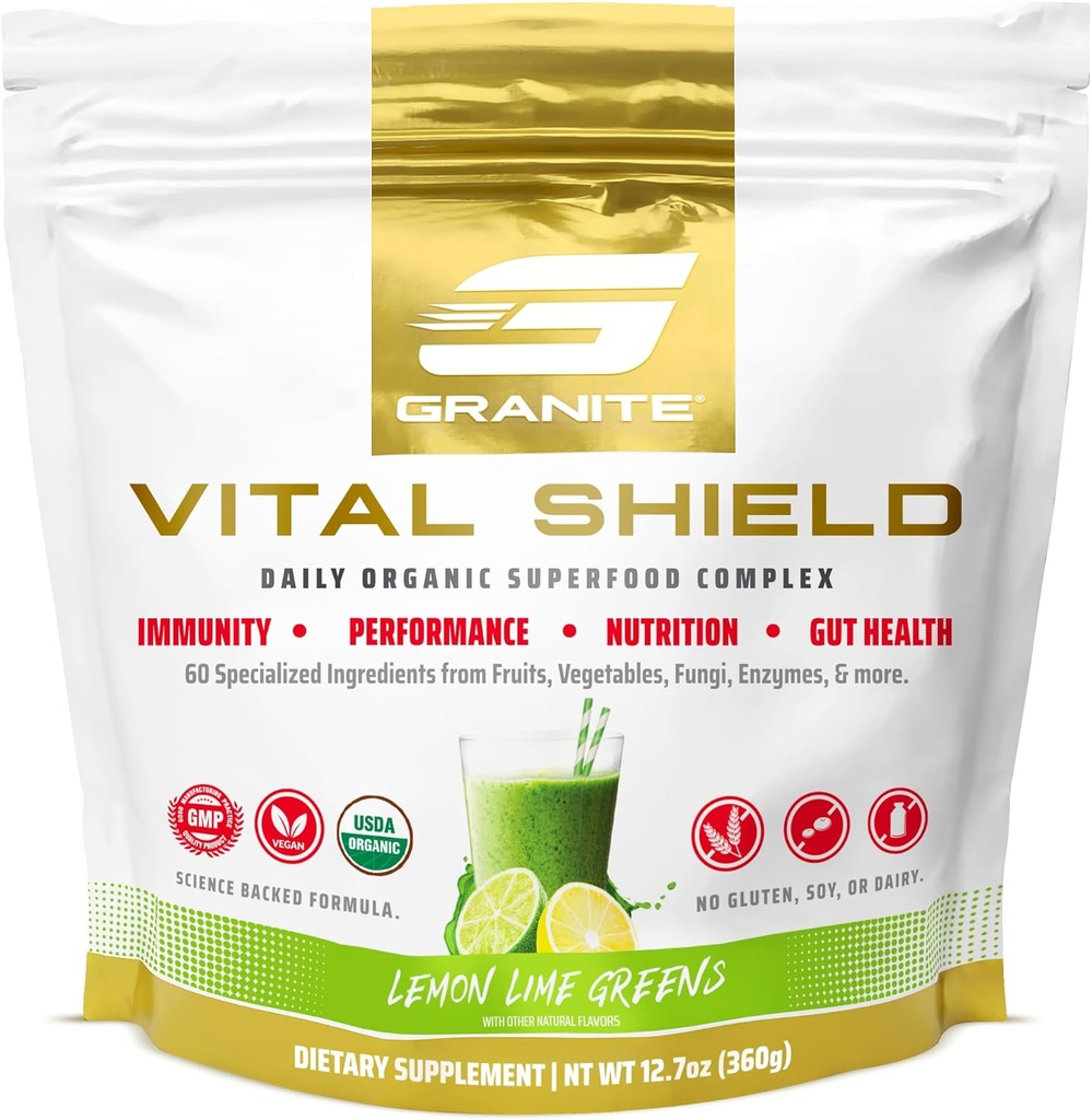 Granite Nutrition Vital Shield - USDA Organic Superfood Green med svampe & Tart Cherry - Understøtter energi, immunfunktion & fordøjelse - Lemon Lime Flavor (30 Servere)
