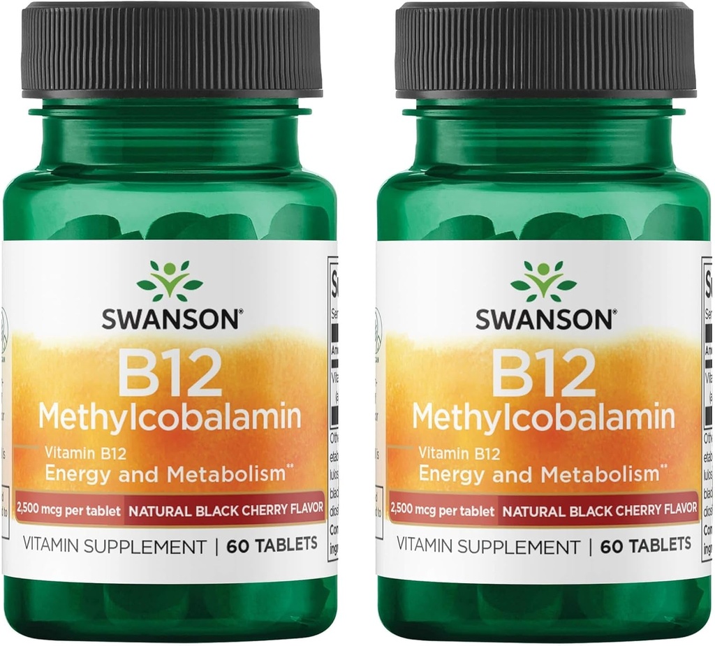 Swanson Vitamin B12 Methylcobalamin - Natural Black Cherry Flavored 2.500 mcg 60 Tabs (2 Pack)