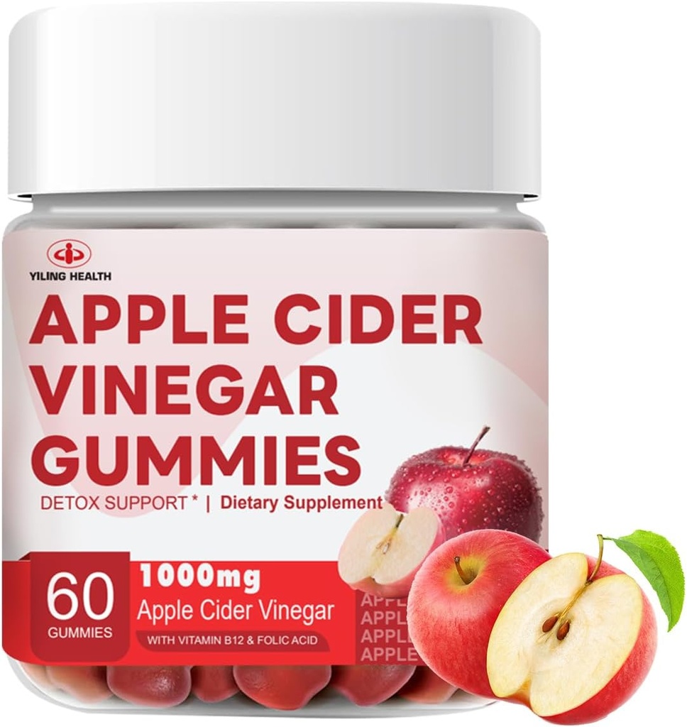 YiLing Forbedret Sour- Sweet Smag Apple Cider Vinegar Gummies - 1000mg - Formuleret til at understøtte immunforsvar Normale energiniveauer & Gut Health- Apple Flavor Gummies Beriget B12 / B6 / Beetroot