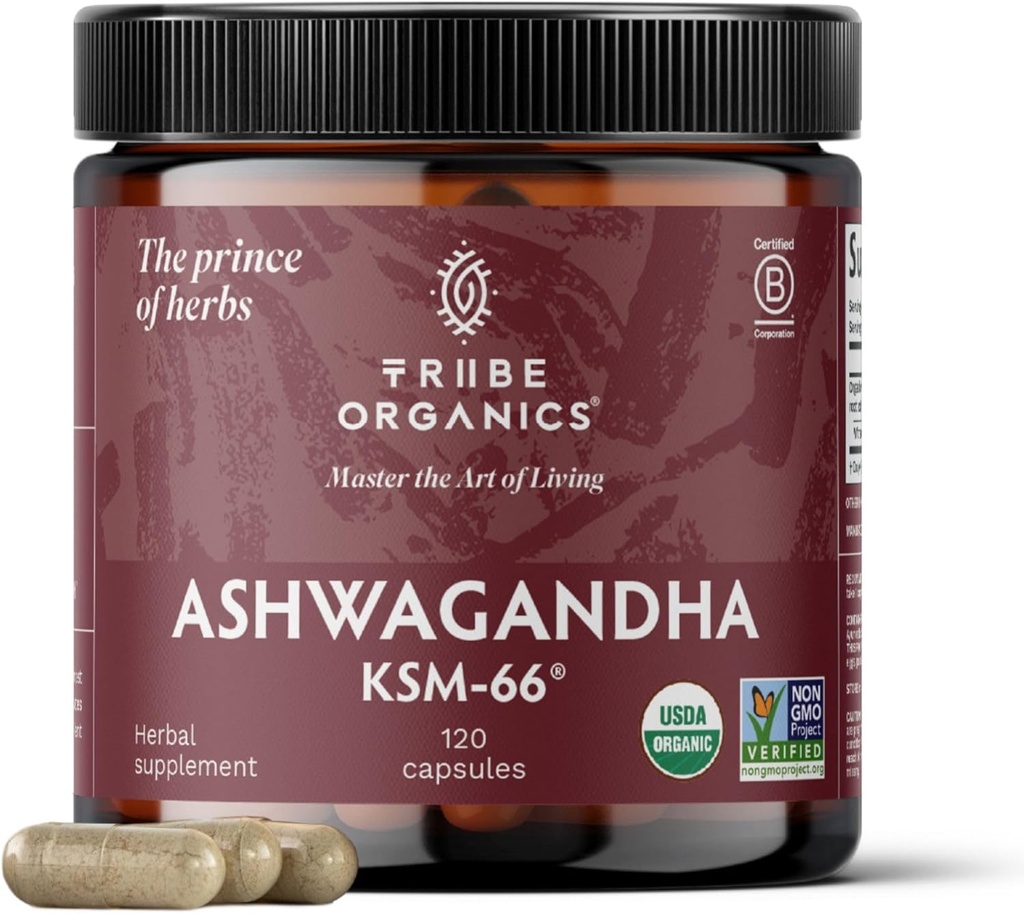 TRIBE ORGANICS Ashwagandha KSM 66 Pure Organic Root Powder Extract Ayurvedic Supplement - Focus, Mood Support, Forøg energi, Styrke, 600 mg naturlig KSM66 for Superior Absorption - 120 kapsler